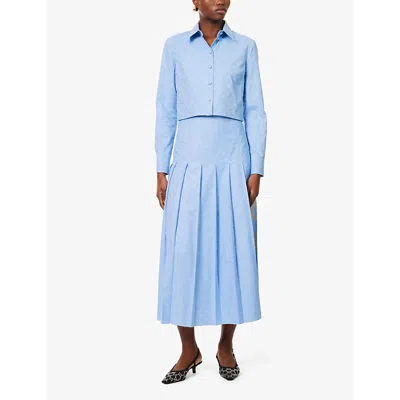 Shop Gucci Women's Sky Blue Monogram-pattern Pleated Cotton Midi Skirt