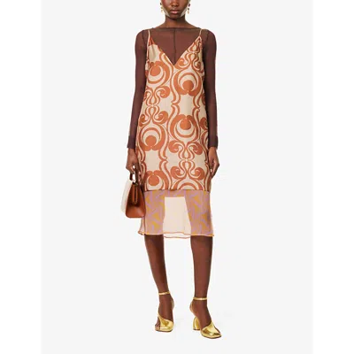 Shop Dries Van Noten Sheer-panel Patterned Silk Midi Dress In Brown