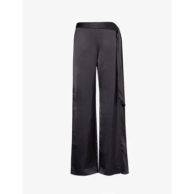 Shop Stine Goya Women's Jet Black Wide-leg Mid-rise Satin Trousers