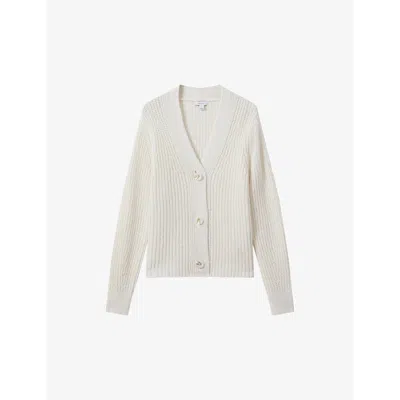 Shop Reiss Women's Ivory Ariana Relaxed-fit Ribbed Cotton And Linen-blend Cardigan