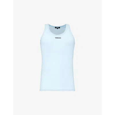 Shop Versace Mens 95 Pastel Blue Brand-embroidered Stretch-cotton Vest Top