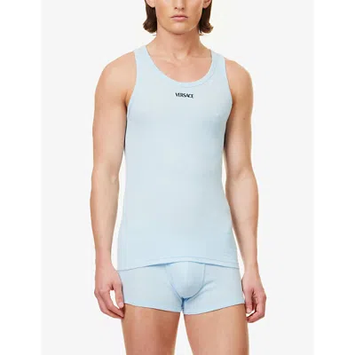 Shop Versace Mens 95 Pastel Blue Brand-embroidered Stretch-cotton Vest Top