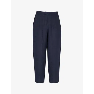 Shop Whistles Omens  Patch-pocket Barrel-leg Mid-rise Linen Trousers In Navy