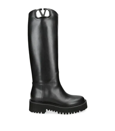 Shop Valentino Leather Vlogo Lug Knee-high Boots 50 In Black