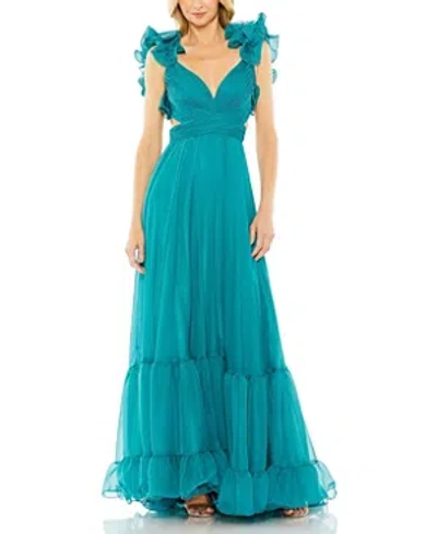 Shop Mac Duggal Ruffle Tiered Cut-out Chiffon Gown In Turquoise