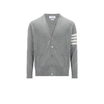 Thom Browne V-neck Grey Wool Cardigan With Signature Striped Detail In Gray