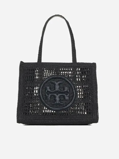 Shop Tory Burch Ella Crochet Straw Small Tote Bag In Black