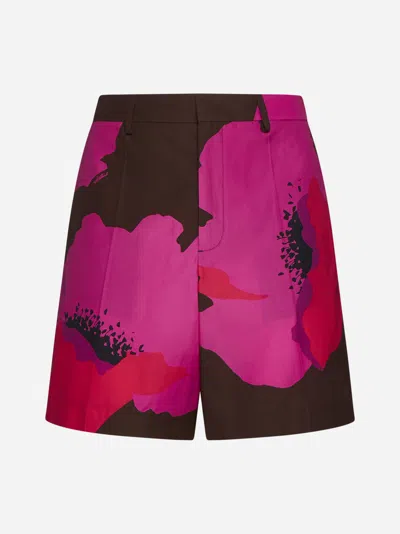Shop Valentino Print Cotton Shorts In Tobacco,pink Pp