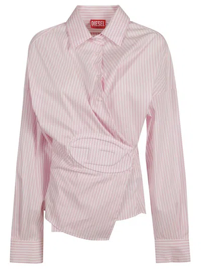 Shop Diesel Logo Embossed Striped Wraped Shirt In Pink
