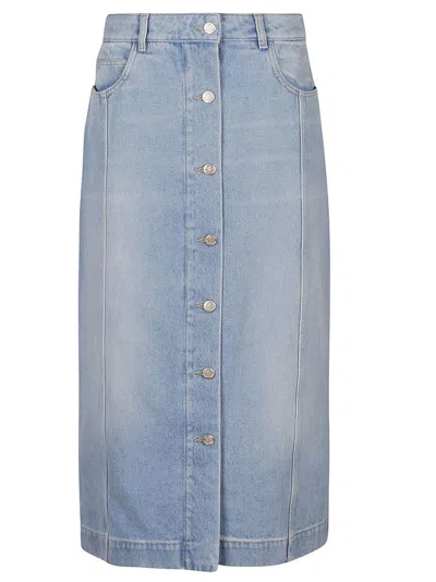 Shop Moncler Logo Patch Buttoned Denim Midi Skirt In Blue