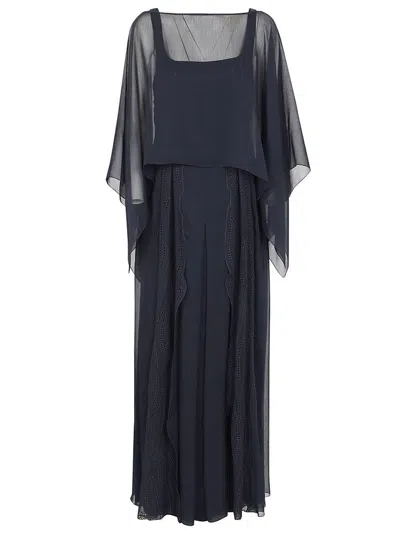 Shop Alberta Ferretti Embroidered Flared Sleeveless Gown In Blue
