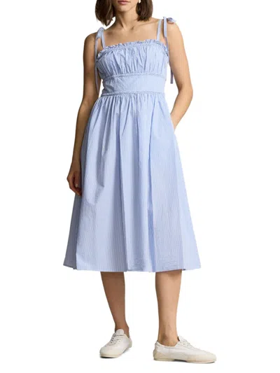 Shop Polo Ralph Lauren Women's Cotton Seersucker Fit-and-flare Dress In Blue White