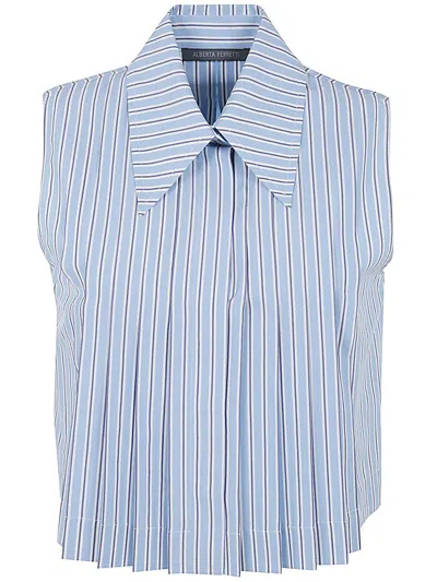 Shop Alberta Ferretti Striped Pleated Sleeveless Shirt In Blue