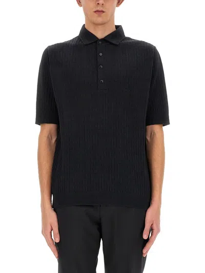 Shop Lardini Ribbed Short Sleeved Polo Shirt In Black