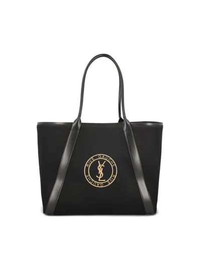 Shop Saint Laurent Rive Gauche Logo Embroidered Tote Bag In Black
