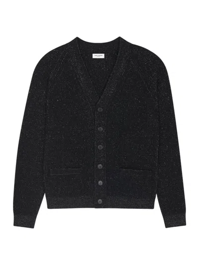 Shop Saint Laurent Men's Cardigan In Lurex Ribbed Wool And Cashmere In Noir Argent