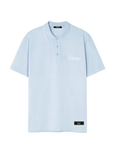 Shop Versace Men's Logo-embroidered Cotton Polo Shirt In Pastel Blue