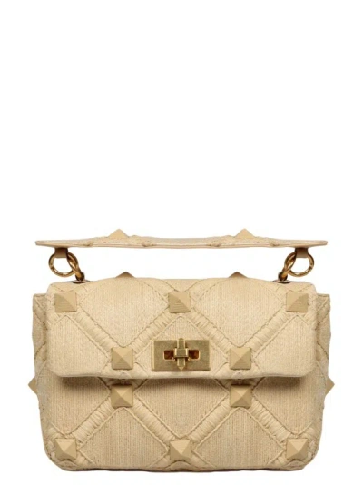 Shop Valentino Roman Stud Raffia Shoulder Bag In Neutrals
