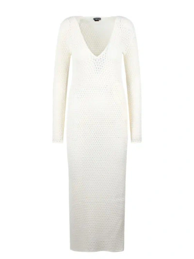 Shop Tom Ford Openwork Stretch Viscose Knit V-neck Maxi Dress In White