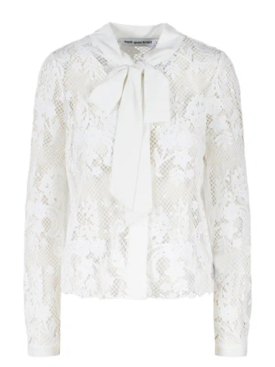 Shop Self-portrait Lace Pussy Bow Shirt In White