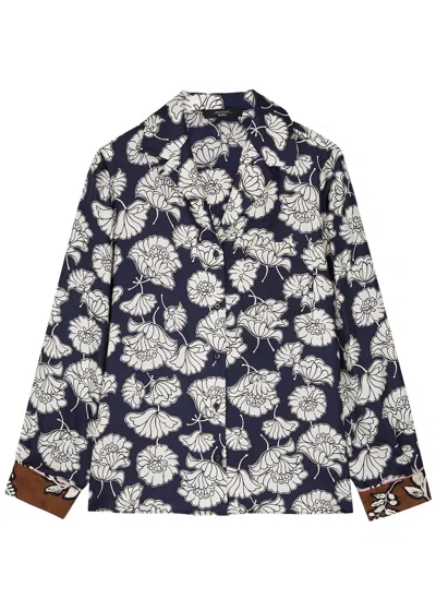 Shop Max Mara Palla Floral-print Silk-satin Shirt In Navy