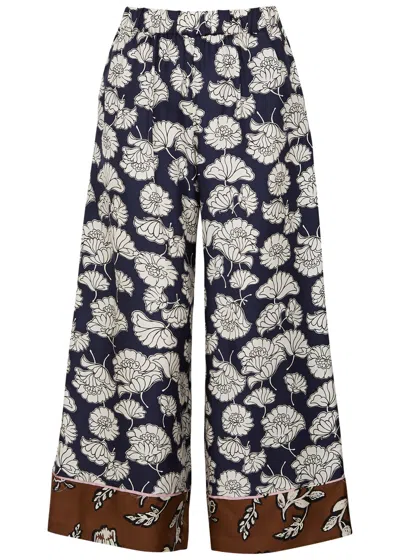 Shop Max Mara Divo Floral-print Silk-satin Trousers In Navy