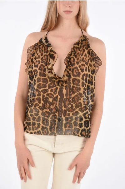 Shop Saint Laurent Animal Printed Silk Top With Studs