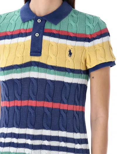 Shop Polo Ralph Lauren Striped Cable Knit Polo Shirt In Medium Blue Multi