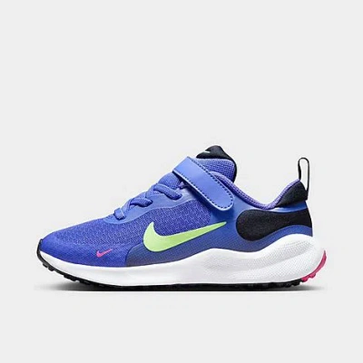 Shop Nike Little Kids' Revolution 7 Stretch Lace Running Shoes In Light Ultramarine/dark Obsidian/white/lime Blast