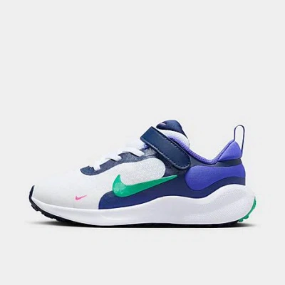 Shop Nike Little Kids' Revolution 7 Stretch Lace Running Shoes In White/persian Violet/midnight Navy/stadium Green