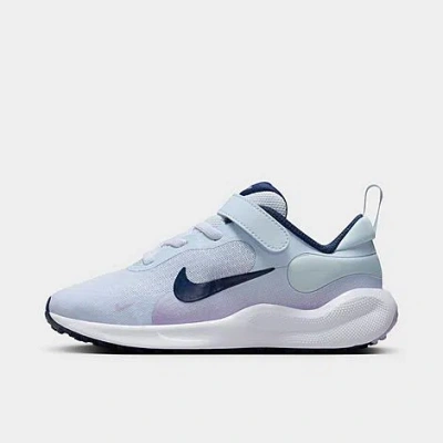 Shop Nike Little Kids' Revolution 7 Stretch Lace Running Shoes In Football Grey/lilac Bloom/lilac/midnight Navy