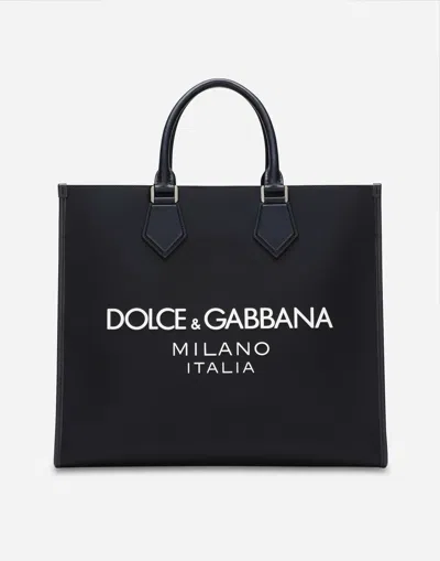 Dolce & Gabbana Large Nylon Shopper With Rubberized Logo In ブルー