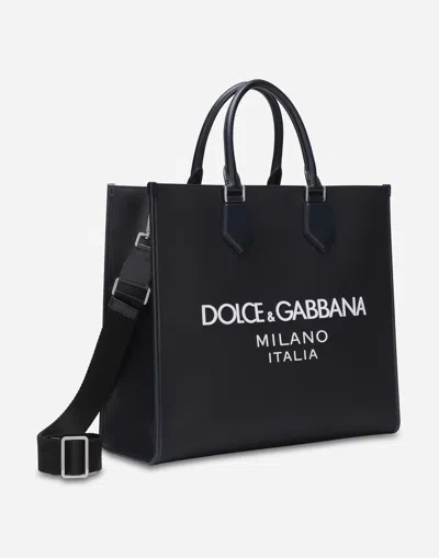 Dolce & Gabbana Large Nylon Shopper With Rubberized Logo In ブルー
