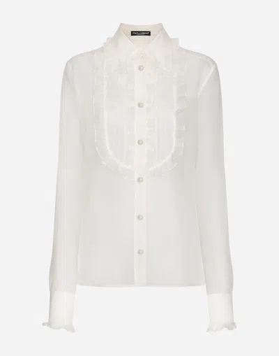 Dolce & Gabbana Camicia In Organza Con Plastron  E Volant In Bianco Naturale