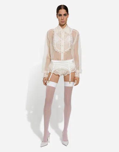 Dolce & Gabbana Camicia In Organza Con Plastron  E Volant In Bianco Naturale