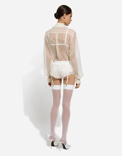 Dolce & Gabbana Camicia In Organza Con Plastron  E Volant In Bianco Naturale