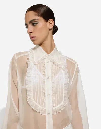 Dolce & Gabbana Camicia In Organza Con Plastron  E Volant In Bianco Naturale