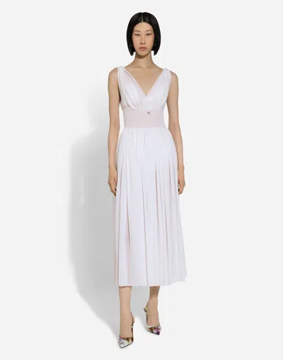 Dolce & Gabbana Abito Longuette Con Scollo A V In Georgette Di Seta In Bianco Ottico