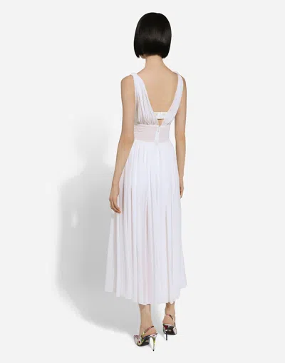Dolce & Gabbana Abito Longuette Con Scollo A V In Georgette Di Seta In Bianco Ottico