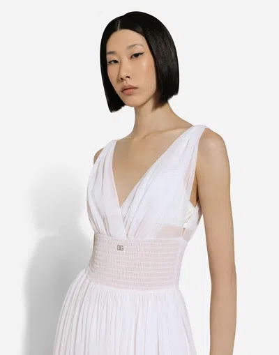 Dolce & Gabbana Abito Longuette Con Scollo A V In Georgette Di Seta In Bianco Ottico