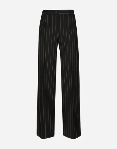 Dolce & Gabbana Pinstripe Virgin Wool Straight Pants In Black