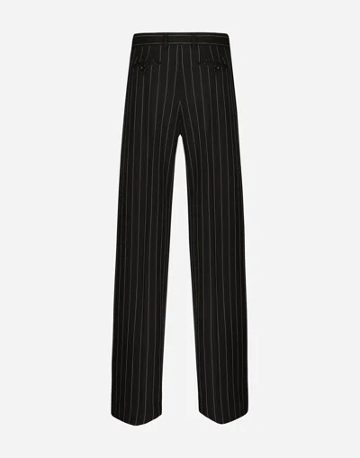Dolce & Gabbana Pinstripe Virgin Wool Straight Pants In Black