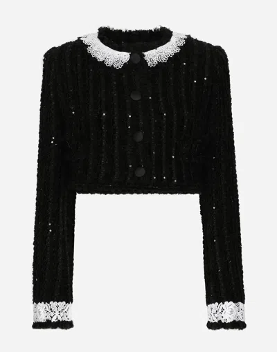 Dolce & Gabbana Giacca Corta In Tweed Ricamo Micropaillettes In Nero