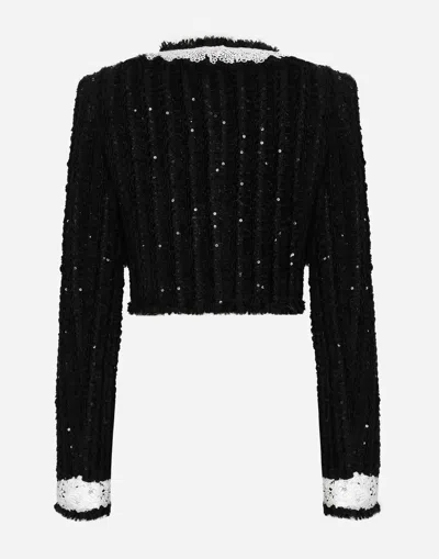 Dolce & Gabbana Giacca Corta In Tweed Ricamo Micropaillettes In Nero