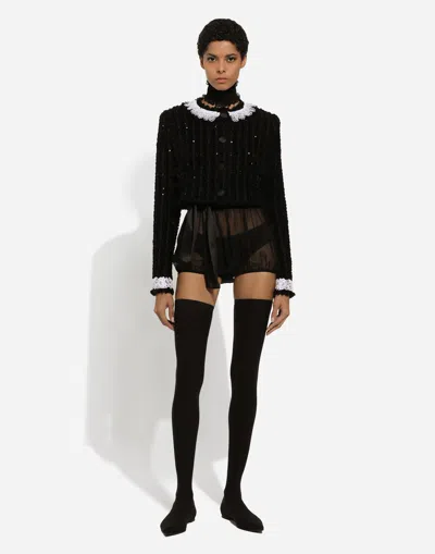 Dolce & Gabbana Giacca Corta In Tweed Ricamo Micropaillettes In Nero