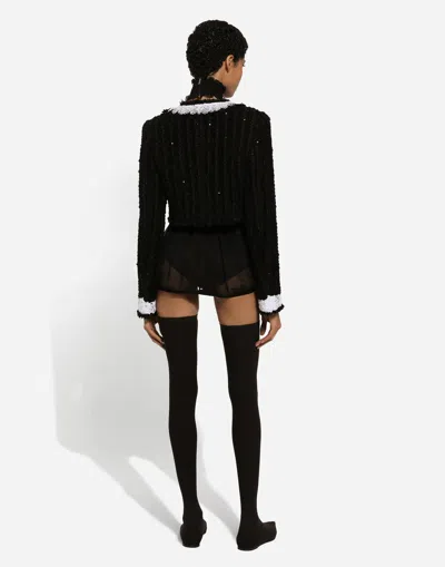 Dolce & Gabbana Giacca Corta In Tweed Ricamo Micropaillettes In Nero