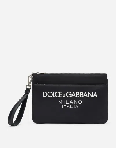 Dolce & Gabbana Black Pouch With Contrasting Rubberized Logo In Nylon In Blu/blu Navy