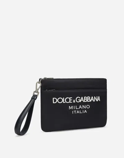 Dolce & Gabbana Black Pouch With Contrasting Rubberized Logo In Nylon In Blu/blu Navy