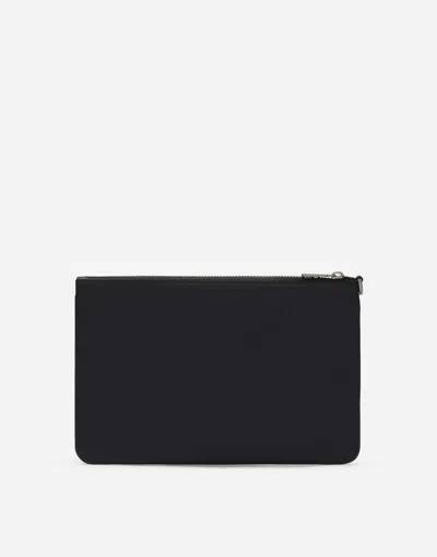 Dolce & Gabbana Black Pouch With Contrasting Rubberized Logo In Nylon In Blu/blu Navy