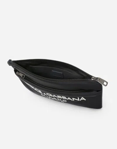 Dolce & Gabbana Black Pouch With Contrasting Rubberized Logo In Nylon In Blu/blu Navy